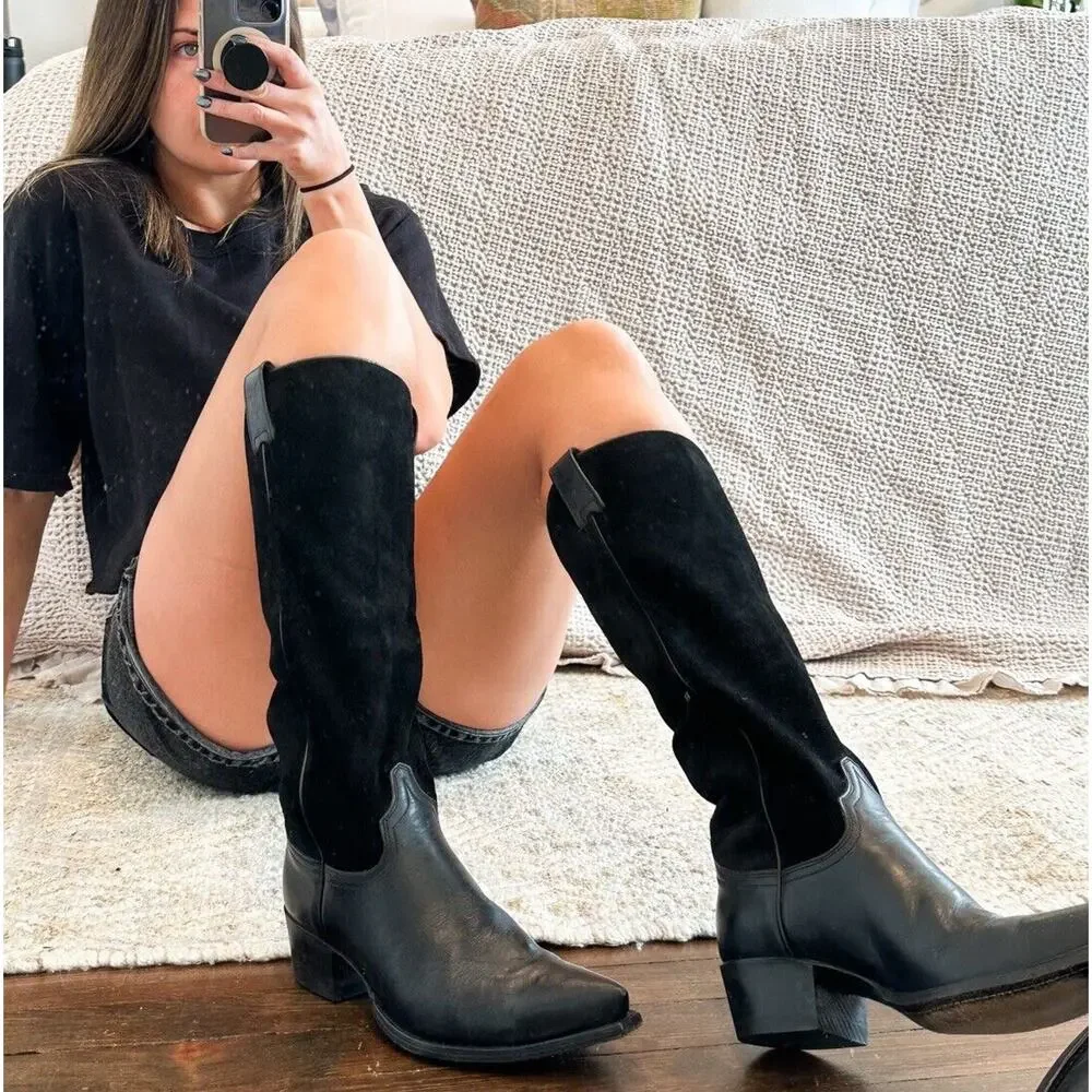Frye Vintage Black Leather Knee High Pointed Toe Boots 7.5 FIT 7.5/8 - Picture 1 of 11
